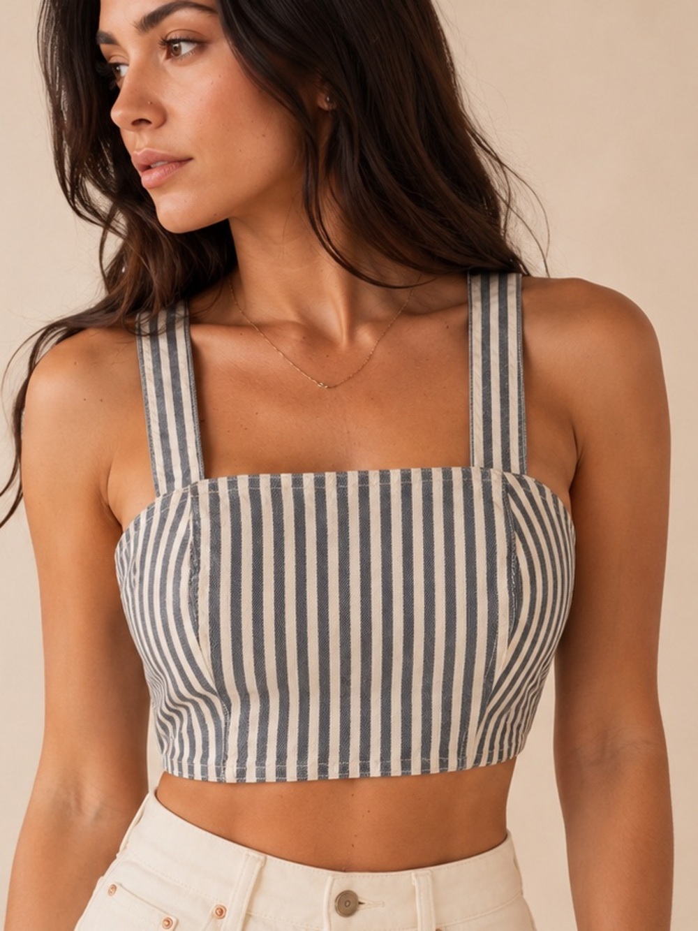 Zara Blue & White Denim Striped Bustier Crop Top / European Summer / Coastal - Picture 1 of 10